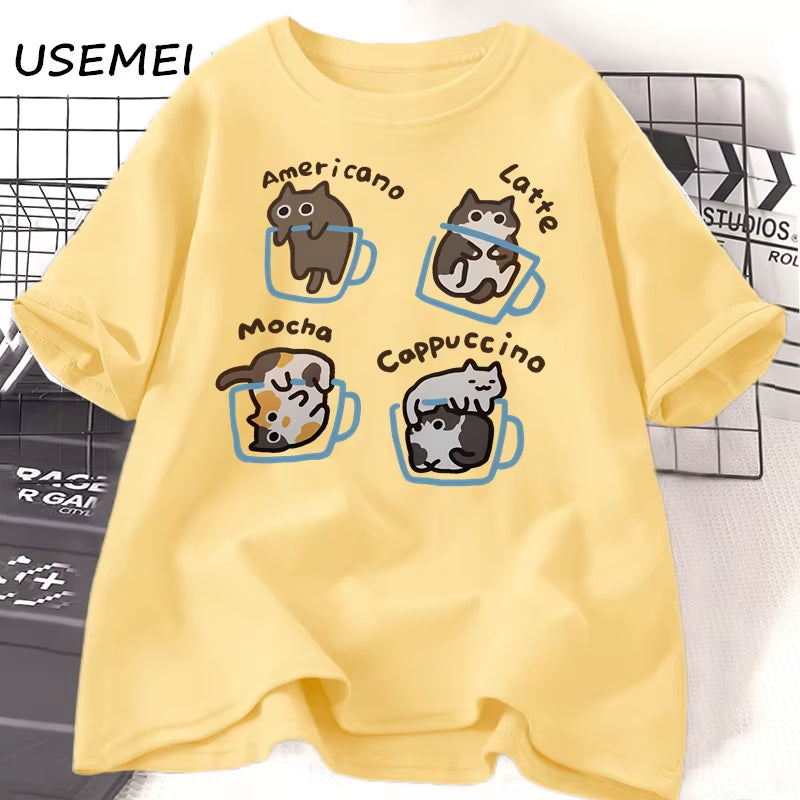 Cat Coffee T Shirts for Women Men Funny Graphci T Shirts Summer Casual Work Short Sleeve Tee Cotton Unisex Printed T-Shirt