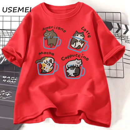 Cat Coffee T Shirts for Women Men Funny Graphci T Shirts Summer Casual Work Short Sleeve Tee Cotton Unisex Printed T-Shirt