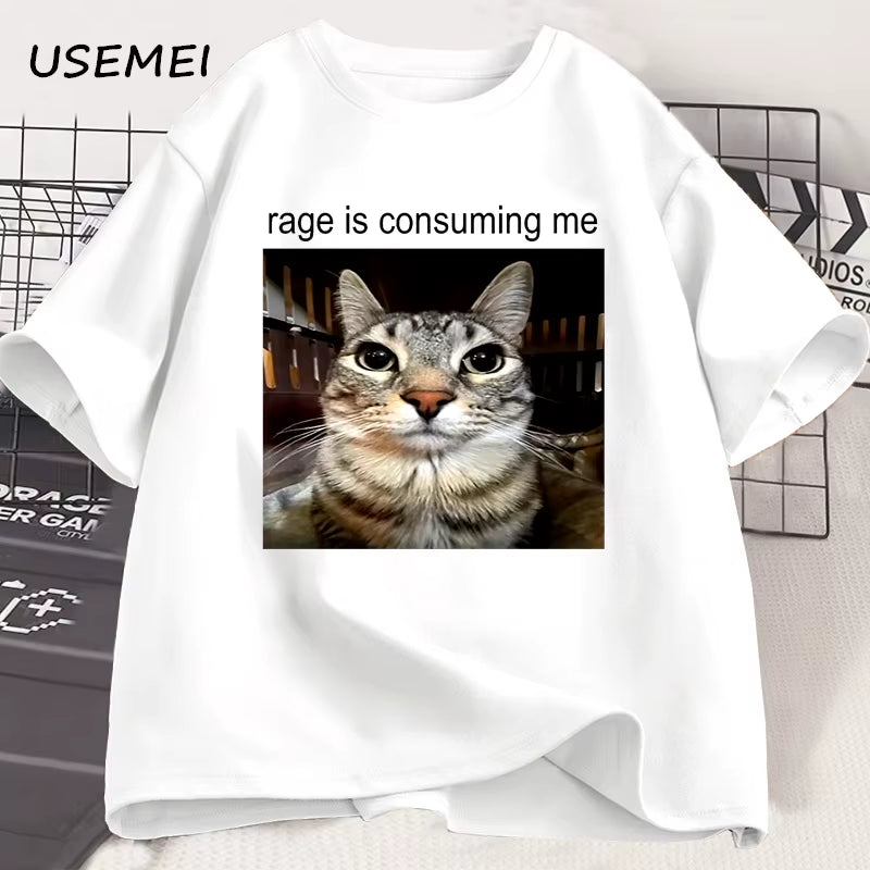 Rage Is Consuming Me Silly Staring Cat Meme Tee Shirt Casual Cotton Short Sleeve T-Shirts Men Women Cat Lover T Shirt Oversized