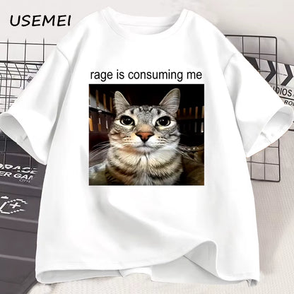 Rage Is Consuming Me Silly Staring Cat Meme Tee Shirt Casual Cotton Short Sleeve T-Shirts Men Women Cat Lover T Shirt Oversized