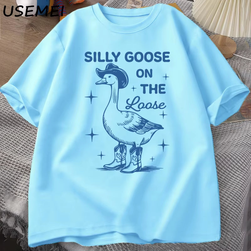 Silly Goose on the Loose T Shirts for Men Women Funny Cowgirl Western Tee Shirt 90S Fashion round Neck Graphic T-Shirt Clothes