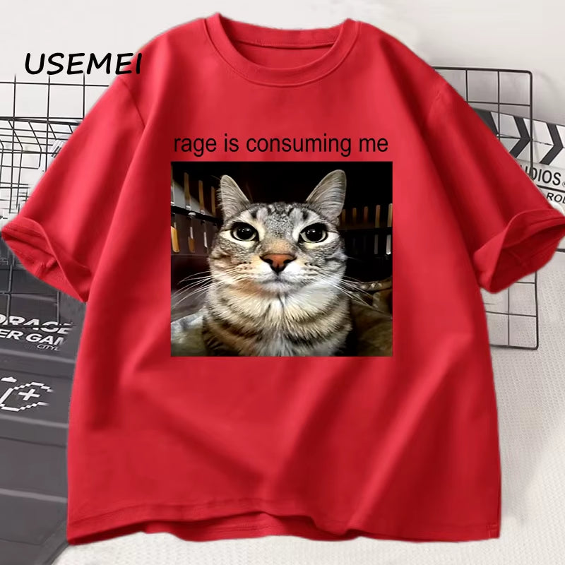 Rage Is Consuming Me Silly Staring Cat Meme Tee Shirt Casual Cotton Short Sleeve T-Shirts Men Women Cat Lover T Shirt Oversized
