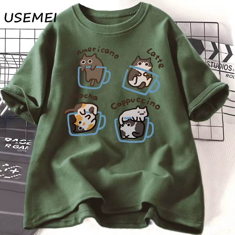 Cat Coffee T Shirts for Women Men Funny Graphci T Shirts Summer Casual Work Short Sleeve Tee Cotton Unisex Printed T-Shirt