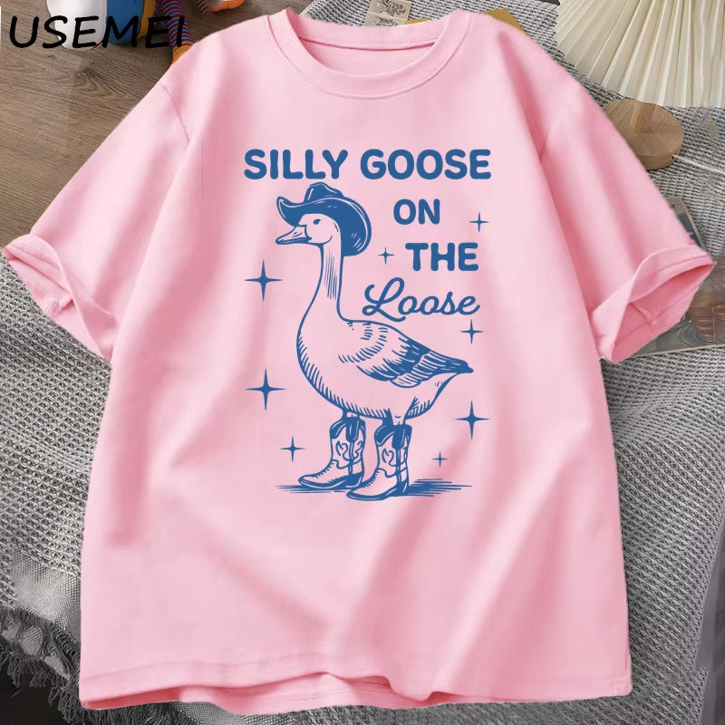 Silly Goose on the Loose T Shirts for Men Women Funny Cowgirl Western Tee Shirt 90S Fashion round Neck Graphic T-Shirt Clothes
