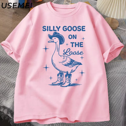 Silly Goose on the Loose T Shirts for Men Women Funny Cowgirl Western Tee Shirt 90S Fashion round Neck Graphic T-Shirt Clothes