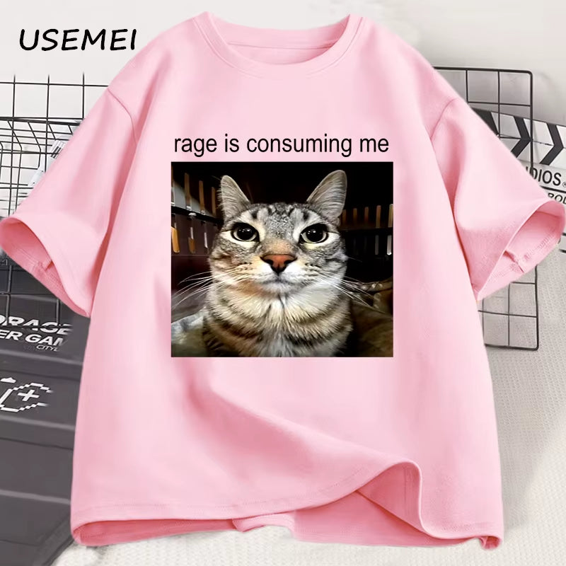Rage Is Consuming Me Silly Staring Cat Meme Tee Shirt Casual Cotton Short Sleeve T-Shirts Men Women Cat Lover T Shirt Oversized