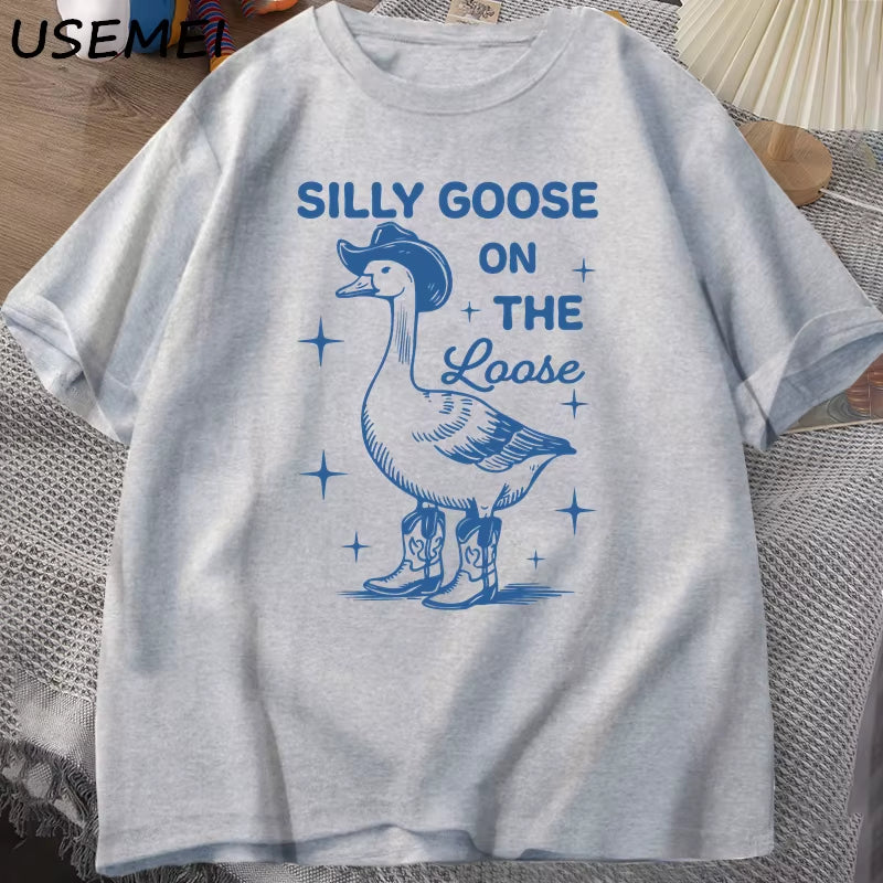 Silly Goose on the Loose T Shirts for Men Women Funny Cowgirl Western Tee Shirt 90S Fashion round Neck Graphic T-Shirt Clothes