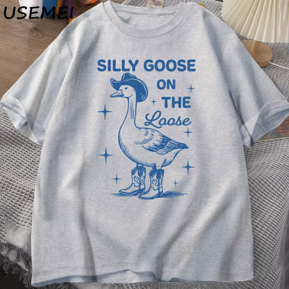 Silly Goose on the Loose T Shirts for Men Women Funny Cowgirl Western Tee Shirt 90S Fashion round Neck Graphic T-Shirt Clothes