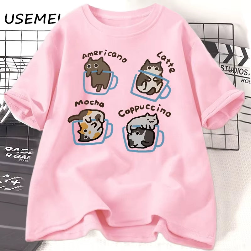 Cat Coffee T Shirts for Women Men Funny Graphci T Shirts Summer Casual Work Short Sleeve Tee Cotton Unisex Printed T-Shirt