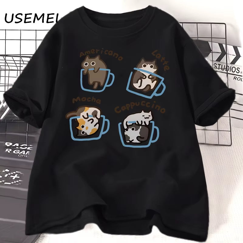 Cat Coffee T Shirts for Women Men Funny Graphci T Shirts Summer Casual Work Short Sleeve Tee Cotton Unisex Printed T-Shirt