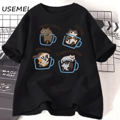 Cat Coffee T Shirts for Women Men Funny Graphci T Shirts Summer Casual Work Short Sleeve Tee Cotton Unisex Printed T-Shirt