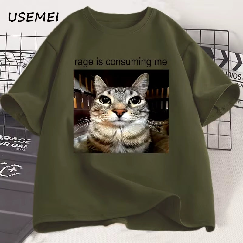 Rage Is Consuming Me Silly Staring Cat Meme Tee Shirt Casual Cotton Short Sleeve T-Shirts Men Women Cat Lover T Shirt Oversized