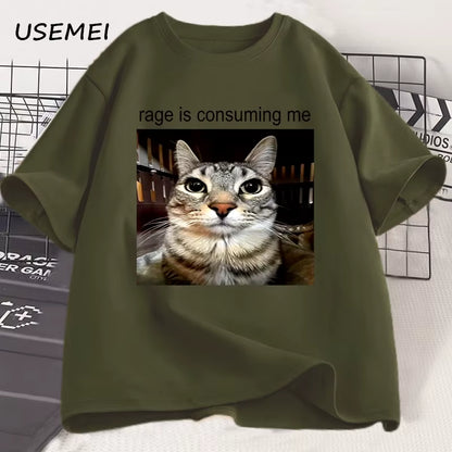 Rage Is Consuming Me Silly Staring Cat Meme Tee Shirt Casual Cotton Short Sleeve T-Shirts Men Women Cat Lover T Shirt Oversized