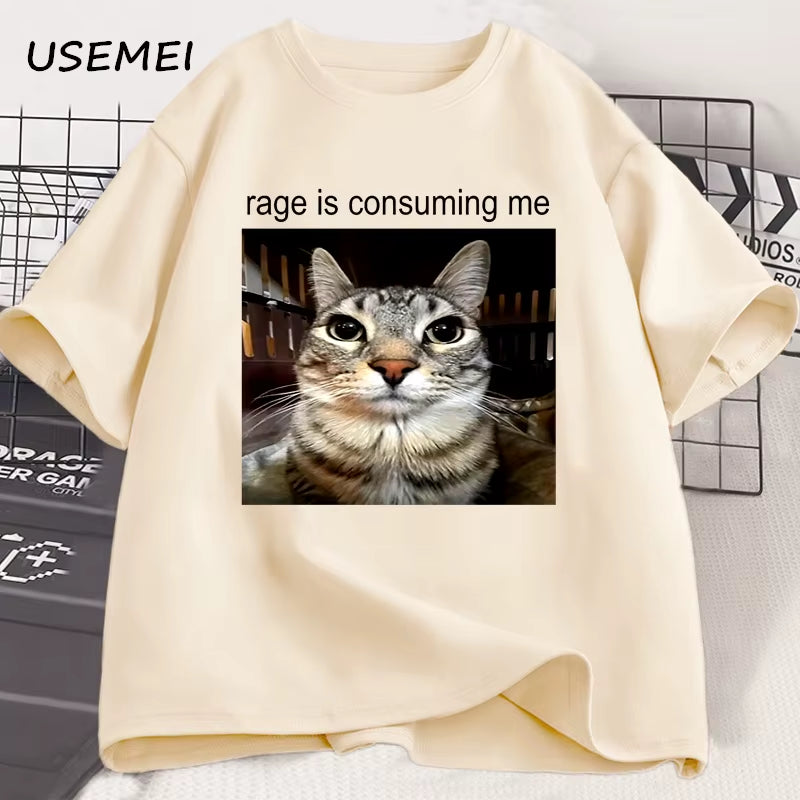 Rage Is Consuming Me Silly Staring Cat Meme Tee Shirt Casual Cotton Short Sleeve T-Shirts Men Women Cat Lover T Shirt Oversized