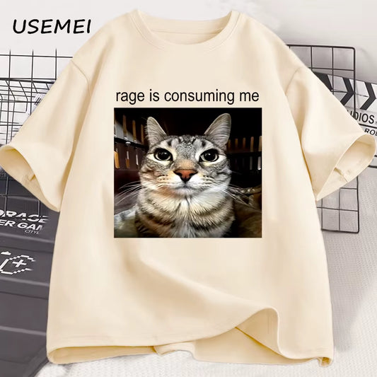 Rage Is Consuming Me Silly Staring Cat Meme Tee Shirt Casual Cotton Short Sleeve T-Shirts Men Women Cat Lover T Shirt Oversized