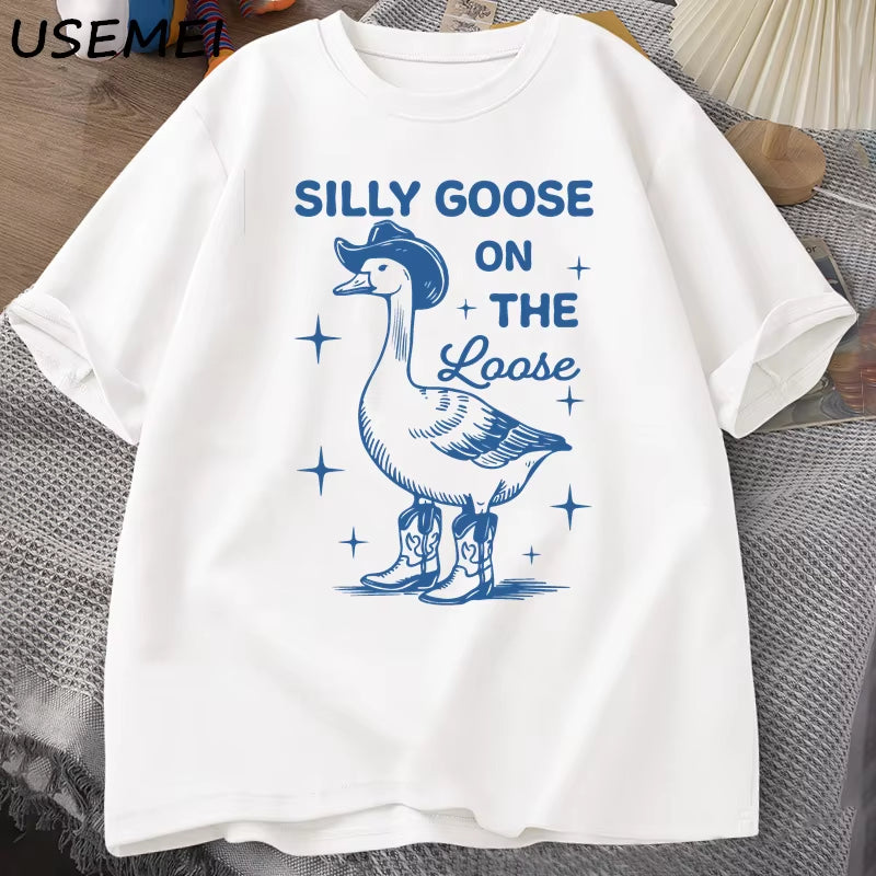 Silly Goose on the Loose T Shirts for Men Women Funny Cowgirl Western Tee Shirt 90S Fashion round Neck Graphic T-Shirt Clothes