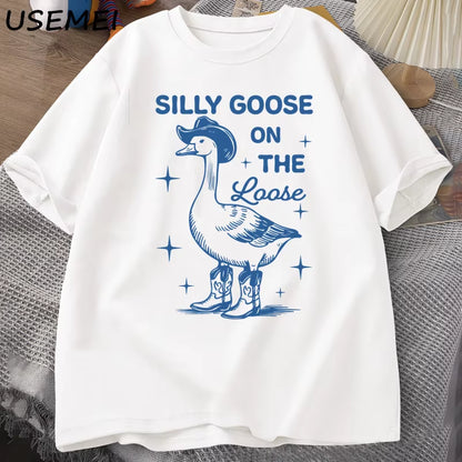 Silly Goose on the Loose T Shirts for Men Women Funny Cowgirl Western Tee Shirt 90S Fashion round Neck Graphic T-Shirt Clothes