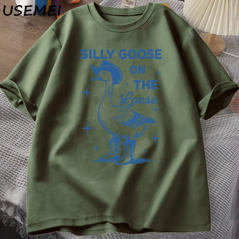 Silly Goose on the Loose T Shirts for Men Women Funny Cowgirl Western Tee Shirt 90S Fashion round Neck Graphic T-Shirt Clothes