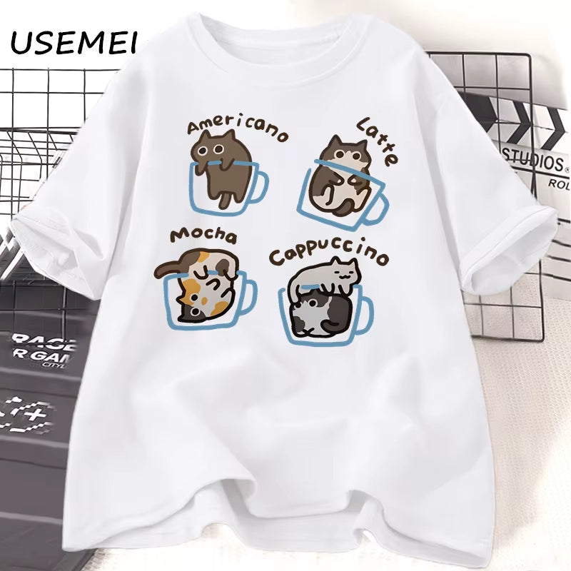 Cat Coffee T Shirts for Women Men Funny Graphci T Shirts Summer Casual Work Short Sleeve Tee Cotton Unisex Printed T-Shirt