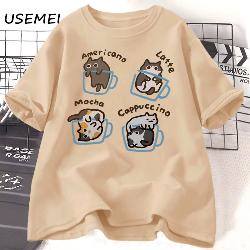 Cat Coffee T Shirts for Women Men Funny Graphci T Shirts Summer Casual Work Short Sleeve Tee Cotton Unisex Printed T-Shirt