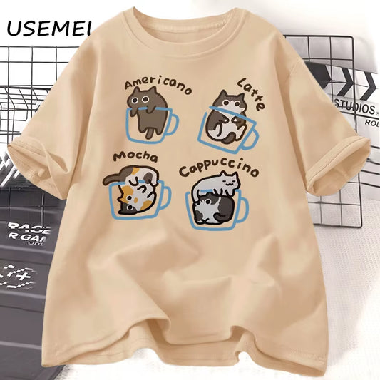 Cat Coffee T Shirts for Women Men Funny Graphci T Shirts Summer Casual Work Short Sleeve Tee Cotton Unisex Printed T-Shirt