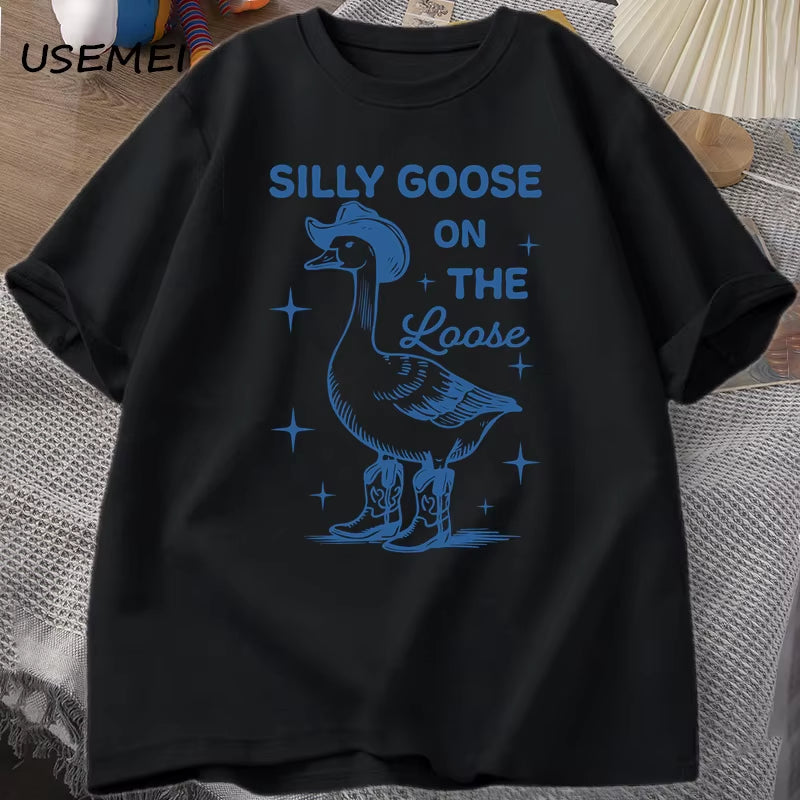 Silly Goose on the Loose T Shirts for Men Women Funny Cowgirl Western Tee Shirt 90S Fashion round Neck Graphic T-Shirt Clothes