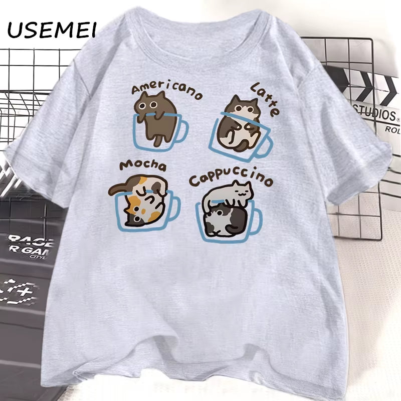 Cat Coffee T Shirts for Women Men Funny Graphci T Shirts Summer Casual Work Short Sleeve Tee Cotton Unisex Printed T-Shirt