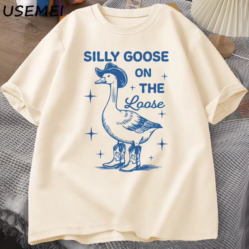 Silly Goose on the Loose T Shirts for Men Women Funny Cowgirl Western Tee Shirt 90S Fashion round Neck Graphic T-Shirt Clothes