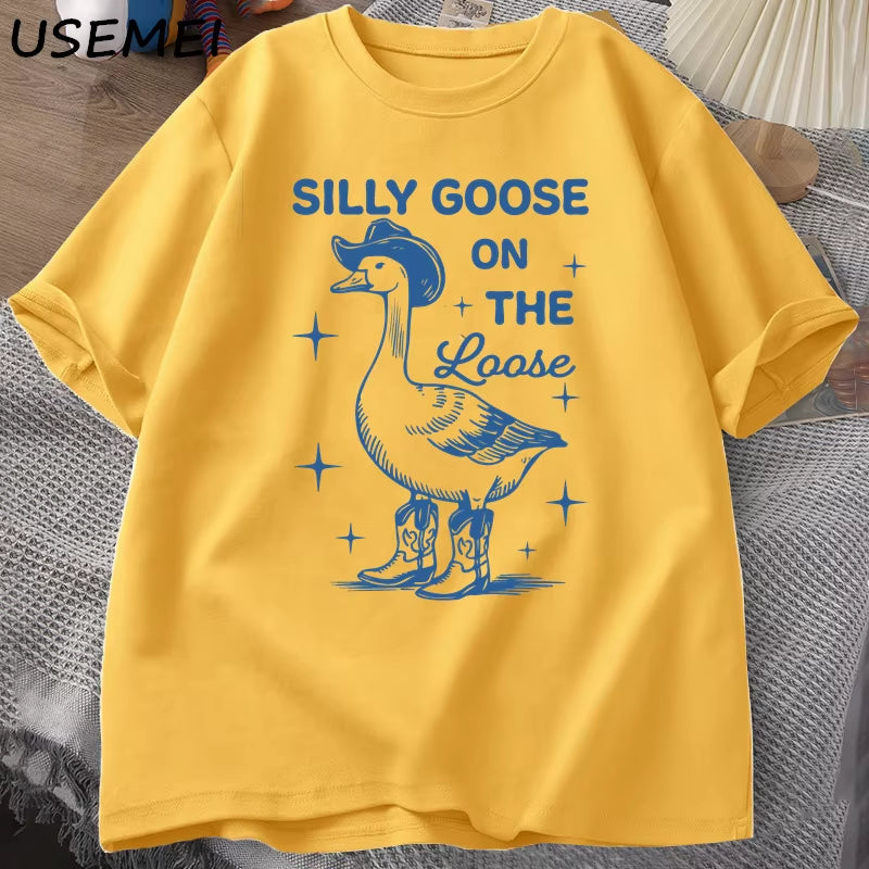 Silly Goose on the Loose T Shirts for Men Women Funny Cowgirl Western Tee Shirt 90S Fashion round Neck Graphic T-Shirt Clothes