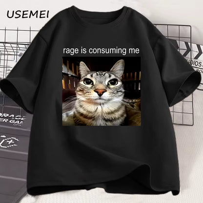 Rage Is Consuming Me Silly Staring Cat Meme Tee Shirt Casual Cotton Short Sleeve T-Shirts Men Women Cat Lover T Shirt Oversized