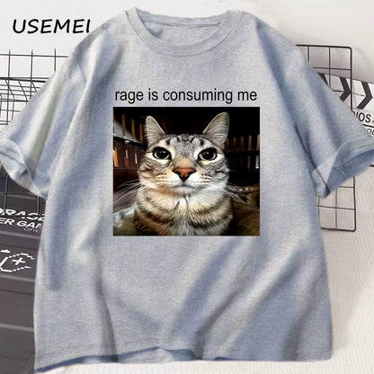 Rage Is Consuming Me Silly Staring Cat Meme Tee Shirt Casual Cotton Short Sleeve T-Shirts Men Women Cat Lover T Shirt Oversized