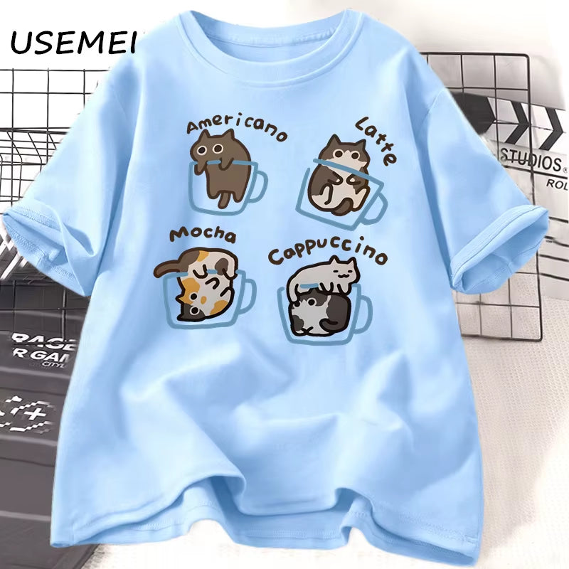 Cat Coffee T Shirts for Women Men Funny Graphci T Shirts Summer Casual Work Short Sleeve Tee Cotton Unisex Printed T-Shirt
