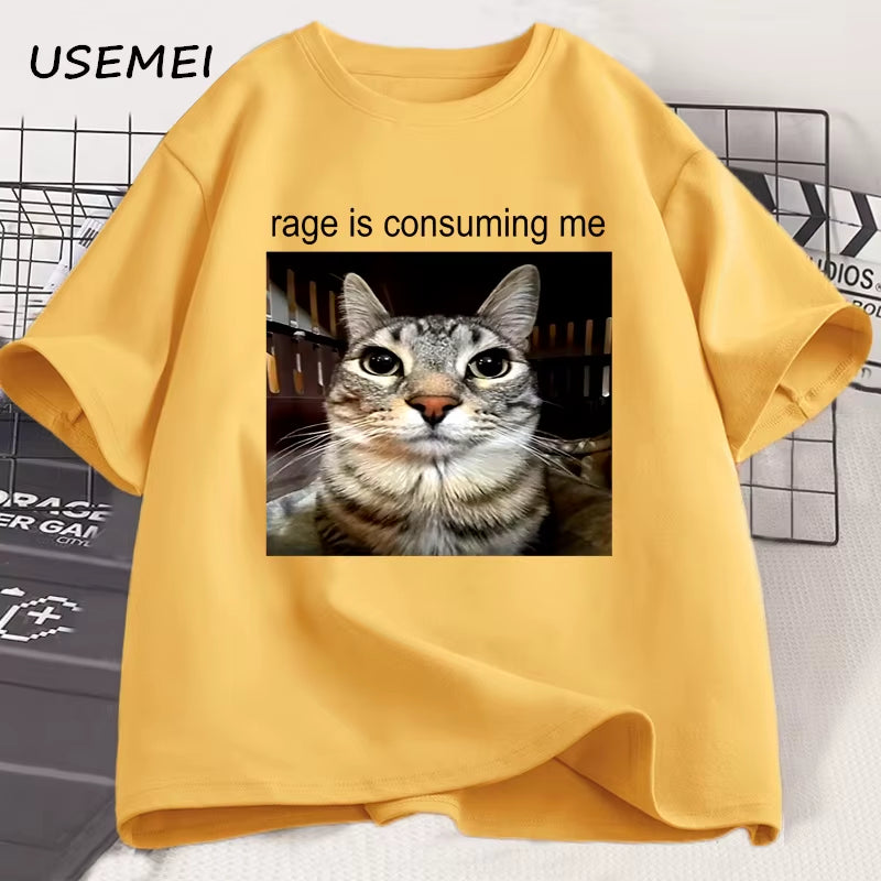 Rage Is Consuming Me Silly Staring Cat Meme Tee Shirt Casual Cotton Short Sleeve T-Shirts Men Women Cat Lover T Shirt Oversized
