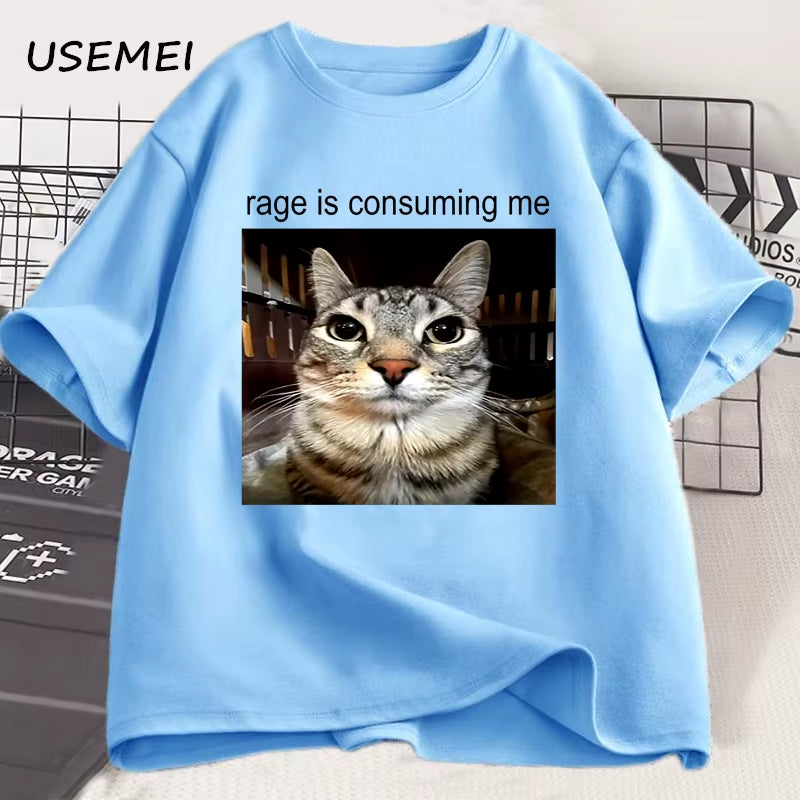 Rage Is Consuming Me Silly Staring Cat Meme Tee Shirt Casual Cotton Short Sleeve T-Shirts Men Women Cat Lover T Shirt Oversized