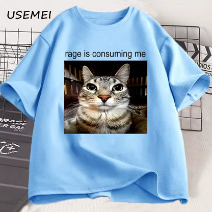 Rage Is Consuming Me Silly Staring Cat Meme Tee Shirt Casual Cotton Short Sleeve T-Shirts Men Women Cat Lover T Shirt Oversized